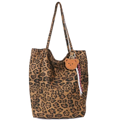 Myhozee Damen Leopard Print Umhängetasche Samt Handtasche Große Kapazität Tote Tasche Herbst und Winter Trend mit auffälligen Anhänger Geeignet für Pendeln, Reisen, Dating von Myhozee