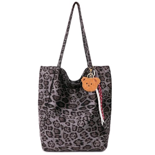 Myhozee Damen Leopard Print Umhängetasche Samt Handtasche Große Kapazität Tote Tasche Herbst und Winter Trend mit auffälligen Anhänger Geeignet für Pendeln, Reisen, Dating von Myhozee