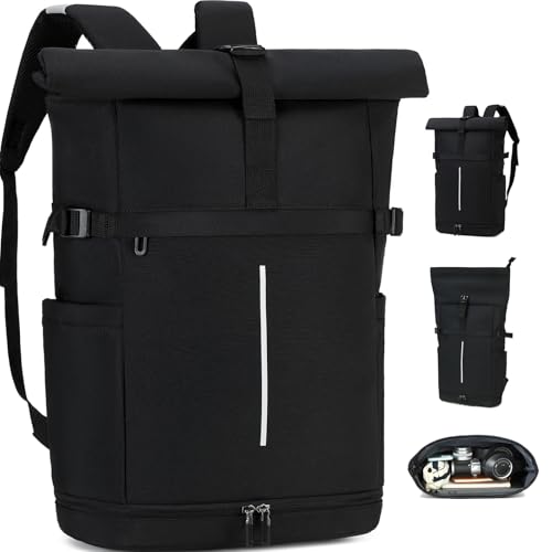 Myhozee Damen Rucksack Herren Schwarz - Rolltop Backpack Groß Reiserucksack Laptop Backpack Daypack Damen mit 15.6 Zoll Laptopfach & Schuhfach für Fahrrad, Arbeit, Uni - Wasserabweisend von Myhozee