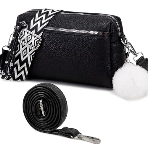 Myhozee Damen Umhängetasche Handtasche mit 2 Gurte, Crossbody Bag Damen Veganem Leder Tasche Klein Moderne handytasche zum umhängen Bauchtasche mit 3 fächern und Kartenfächer (Schwarz) von Myhozee