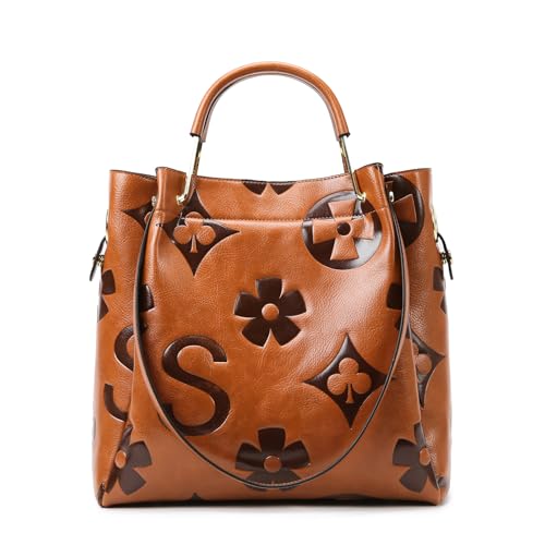 Myhozee Handtasche Damen Groß Damenhandtaschen Set Elegante Handtaschen für Damen Shopper Tasche Umhängetasche Damen Ledertasche mit Prägung Beuteltote Hobo Tragetasche Gelbbraun von Myhozee