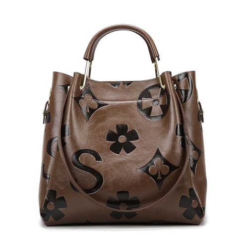Myhozee Handtasche Damen Groß Damenhandtaschen Set Elegante Handtaschen für Damen Shopper Tasche Umhängetasche Damen Ledertasche mit Prägung Beuteltote Hobo Tragetasche Kaffee von Myhozee