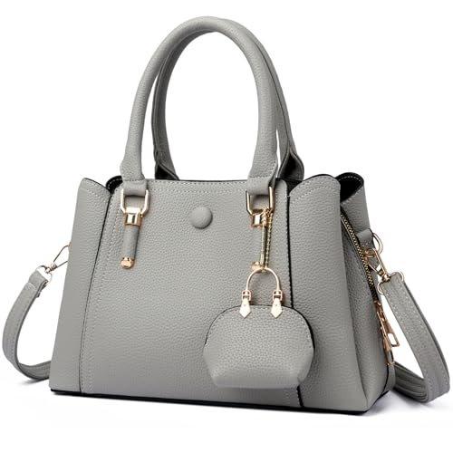 Myhozee Handtasche Damen Mittelgroß Elegant Tasche Leder Taschen Tote Bag Damen-Henkeltaschen Funktional Umhängetasche Schultertasche Handtaschen Handbags for Women Mittelgross Grau von Myhozee