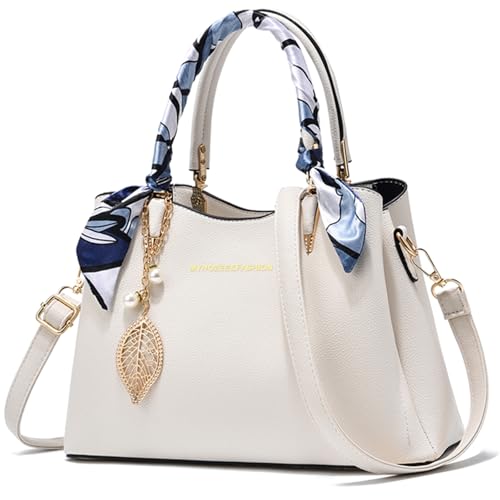 Myhozee Handtasche Damen Mittelgroß PU Leder Fashion Henkeltasche Crossbody Bag Frauen Taschen Damen-henkeltaschen Umhängetasche Schultertasche Damenhandtaschen mit Reißverschluss Weiß von Myhozee