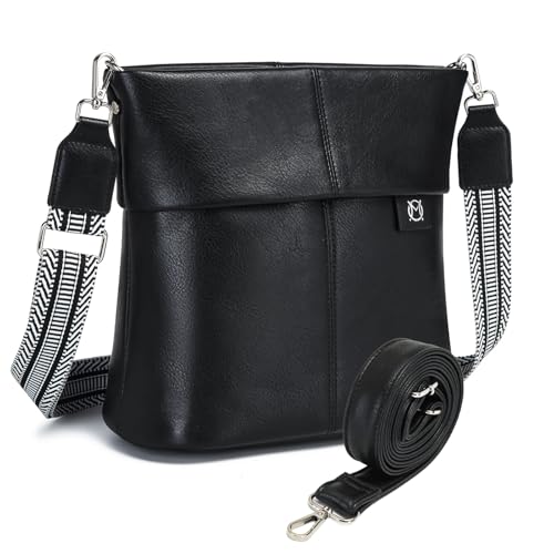 Myhozee Handtasche Damen Mittelgroß Umhängetasche - Leicht Schwarz Schultertasche Damen mit 2 Gurt, PU Leder Crossbody Bag Tasche Klein Damenhandtasche Uni Slouchy Bag für Frauen mit Breitem Gurt von Myhozee