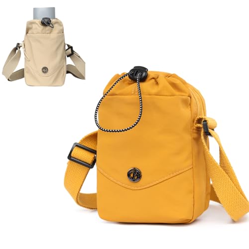 Myhozee Handtasche Damen Nylon Umhängetasche Kleine Handytasche Tasche Herren Crossbody Bag Wasserdicht Taschen mit Trinkbecher-Aufbewahrungstasche Gelb von Myhozee