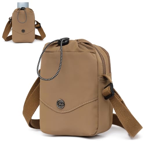 Myhozee Handtasche Damen Nylon Umhängetasche Kleine Handytasche Tasche Herren Crossbody Bag Wasserdicht Taschen mit Trinkbecher-Aufbewahrungstasche Kaffee von Myhozee