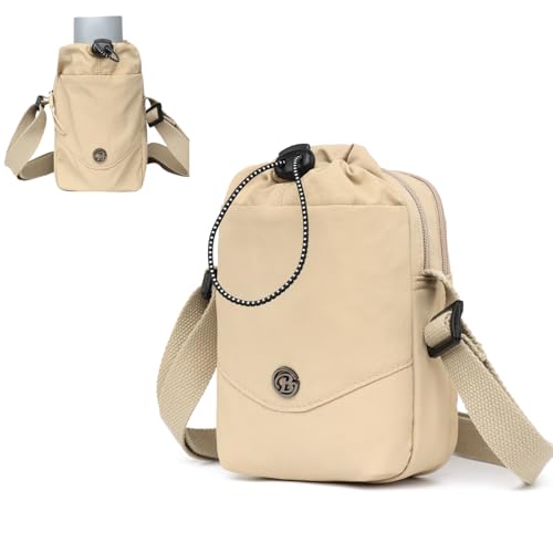 Myhozee Handtasche Damen Nylon Umhängetasche Kleine Handytasche Tasche Herren Crossbody Bag Wasserdicht Taschen mit Trinkbecher-Aufbewahrungstasche Khaki von Myhozee