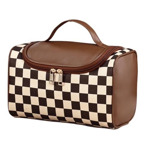 Myhozee Kulturtasche Damen & Herren Groß PU Leder Kosmetiktasche Kulturbeutel Wasserdicht Waschtasche Makeup Tasche Klassisches Schachbrett Schminktasche Makeup Bag mit Griff und Reißverschluss Braun von Myhozee