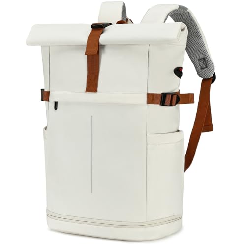 Myhozee RollTop Rucksack Herren Damen 25L-30L LaptopRucksack Schulrucksack für Uni Fahrrad Freizeit Job Sport Reisen, Radsport Stylische Tagesrucksack Waderrucksack mit Laptopfach & Schuhfach - Beige von Myhozee