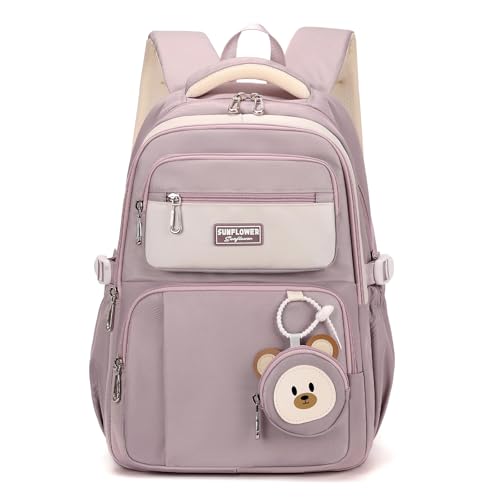 Myhozee Schulrucksack Teenager Schultasche Mädchen Schulranzen Rucksack Kinder Reiserucksack Wasserdicht mit Verstellbare, atmungsaktive, breite Schultergurt für Primäre Junior High University Lila von Myhozee