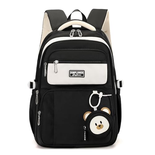 Myhozee Schulrucksack Teenager Schultasche Mädchen Schulranzen Rucksack Kinder Reiserucksack Wasserdicht mit Verstellbare, atmungsaktive, breite Schultergurt für Primäre Junior High University Schwarz von Myhozee
