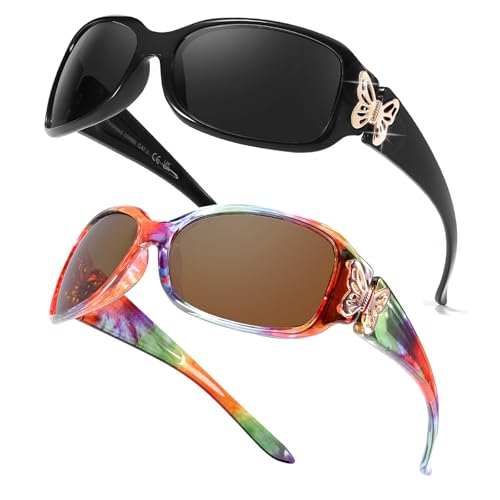 Myiaur 2 Pack Sonnenbrille Damen Polarisierte UV400 Schutz Wraparound Design Trendige Schmetterlings Detail für Autofahren & Mode von Myiaur