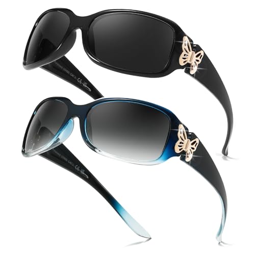 Myiaur 2 Pack Sonnenbrille Damen Polarisierte UV400 Schutz Wraparound Design Trendige Schmetterlings Detail für Autofahren & Mode von Myiaur