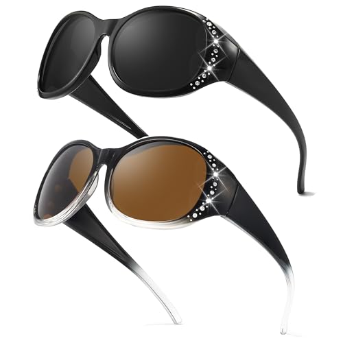 Myiaur 2er Pack Polarisiert Sonnenbrille für Brillenträger Damen UV Schutz mit Glitzerndem Rahmen Überzieh Sonnenbrille für Autofahren von Myiaur