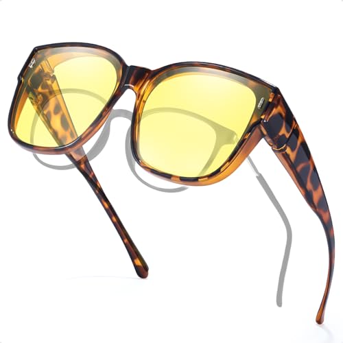 Myiaur Night Driving Fit Over Glasses for Women Polarized Yellow Lens for Safety Night Vision Anti-Glare Headlight Glasses for Lightweight Frame, A02 Braune Schildkröte von Myiaur
