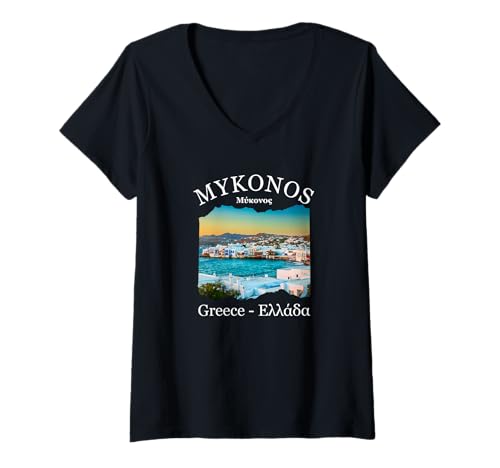 Damen Mykonos Souvenir / Mykonos Griechenland / Mykonos T-Shirt mit V-Ausschnitt von Mykonos Greece Souvenir Store
