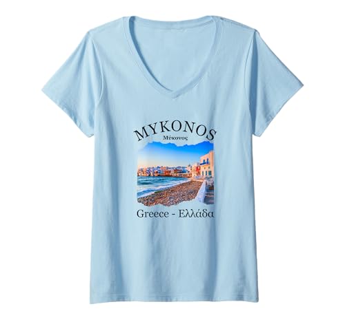 Damen Mykonos Souvenir / Mykonos Griechenland / Mykonos T-Shirt mit V-Ausschnitt von Mykonos Greece Souvenir Store