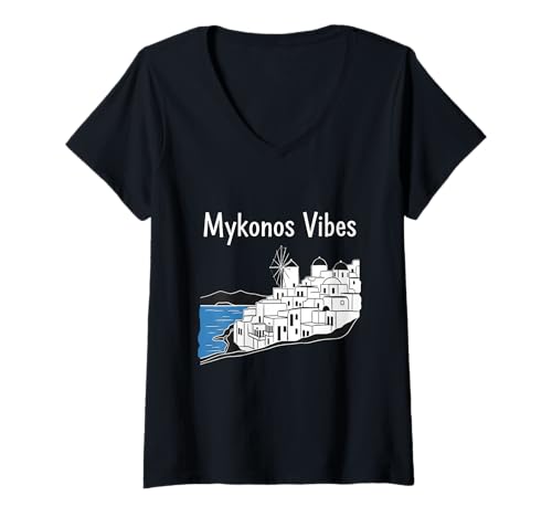 Damen Mykonos Vibes Griechische Insel Sommerurlaub Souvenir T-Shirt mit V-Ausschnitt von Mykonos Griechenland Sommer Souvenir-Geschäft