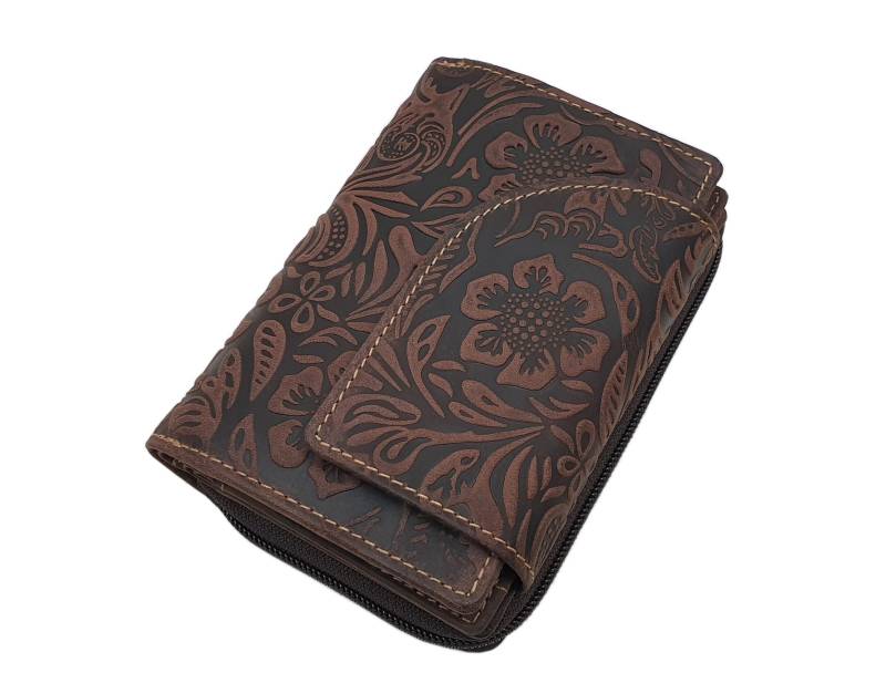 Büffel-Vollleder Damen Geldbörse/Geldbeutel Portemonnaie Geldtasche Mit Lianen Prägung Und Rfid & Nfc Schutz in Braun von Myledershop