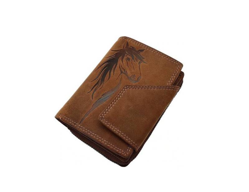 Büffel-Vollleder Damen Geldbörse/Geldbeutel Portemonnaie Geldtasche Portmonee Mit Pferd Motiv Und Rfid & Nfc Schutz Cognac von Myledershop