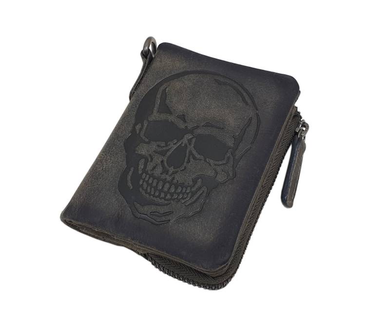 Büffel-Vollleder Geldbörse/Geldbeutel Portemonnaie Geldtasche Portmonee Mit Totenkopf-Motiv Und Rfid & Nfc Schutz in Vintage-Grau von Myledershop