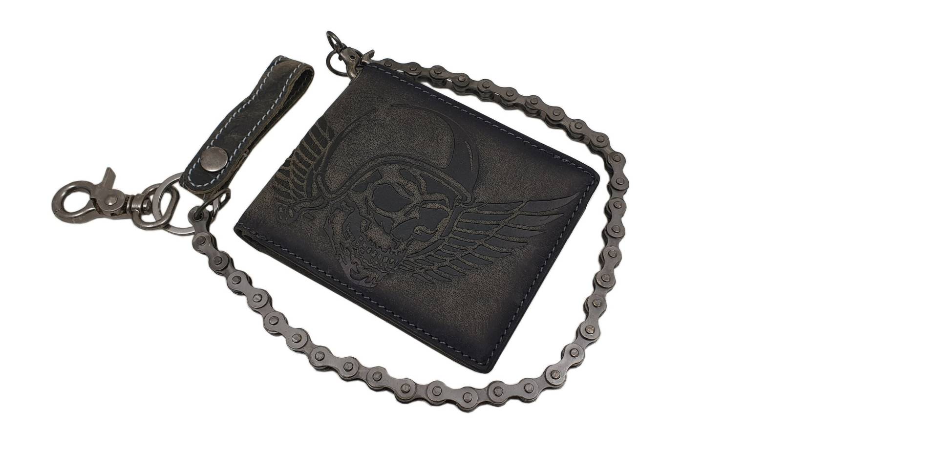 Büffel-Vollleder Querformat Bikerbörse/Geldbörse Geldbeutel Mit Metallkette Totenkopf-Motiv Und Rfid & Nfc Schutz in Vintage-Grau Büffel-Vollleder Querformat Bikerbörse/Geldbörse Geldbeutel Mit Metallkette Totenkopf-Motiv Und Rfid & Nfc Schutz in Vintage-Grau von Myledershop