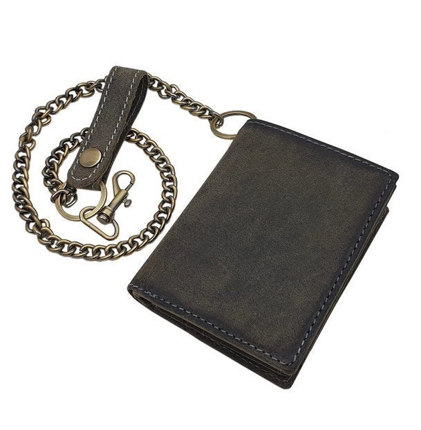 Echt Büffel-Vollleder Bikerbörse/Geldbörse Geldbeutel Portemonnaie Mit Metallkette Rfid & Nfc Schutz in Vintage-Grau von Myledershop