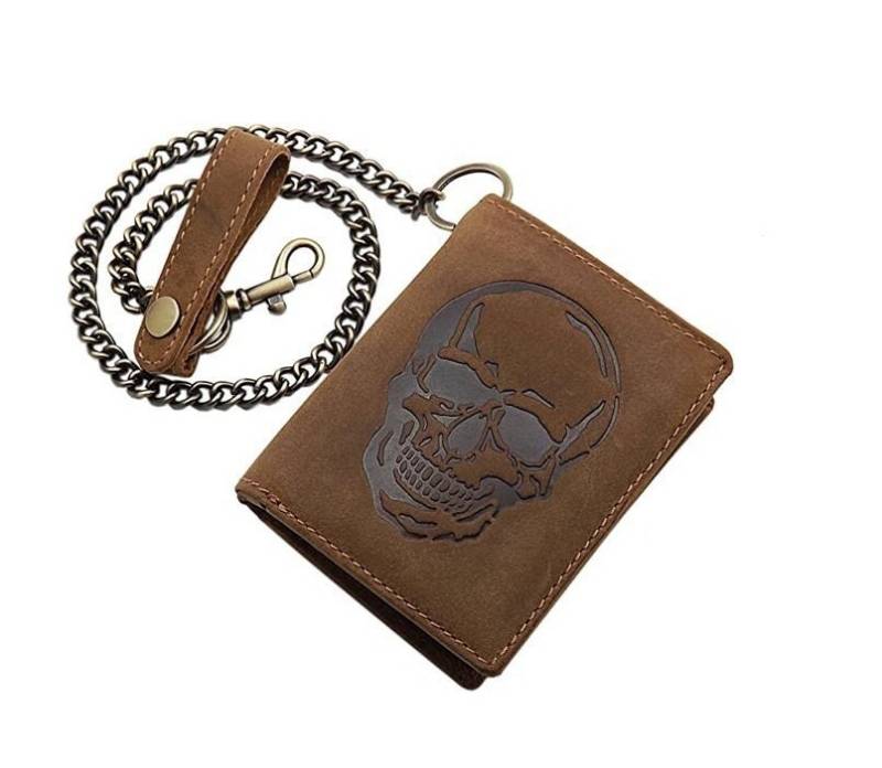 Echt Büffel-Vollleder Bikerbörse/Geldbörse Geldbeutel Portemonnaie Mit Metallkette Totenkopf-Motiv Und Rfid & Nfc Schutz in Braun von Myledershop