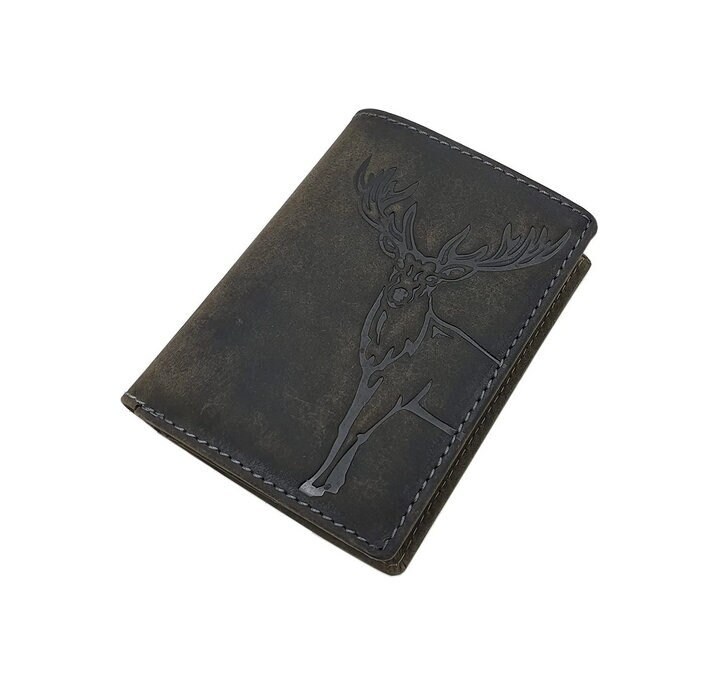 Echt Büffel-Vollleder Hochformat Geldbörse/Geldbeutel Portemonnaie Mit Hirsch-Motiv Und Rfid & Nfc Schutz in Vintage-Grau von Myledershop