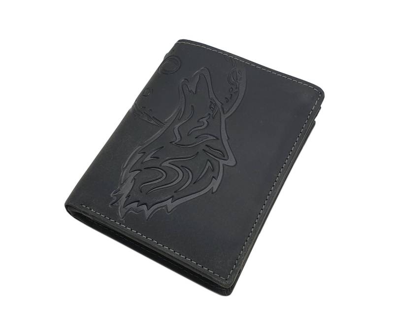 Echt Büffel-Vollleder Hochformat Geldbörse/Geldbeutel Portemonnaie Mit Wolf-Motiv Und Rfid & Nfc Schutz in Schwarz von Myledershop