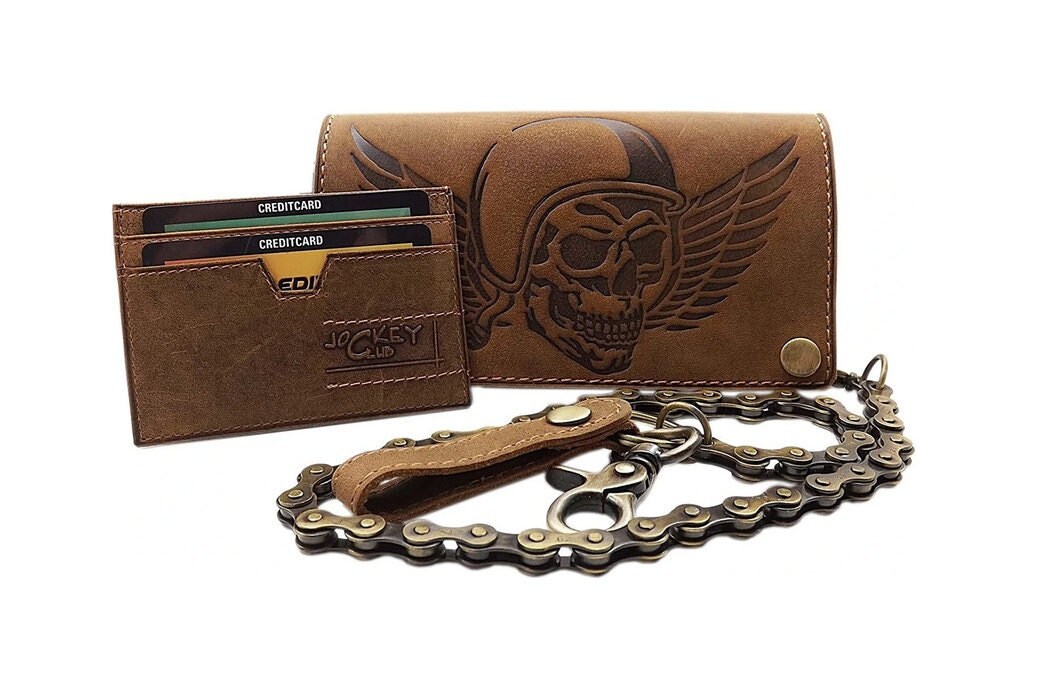 Echt Büffel-Vollleder Querformat Bikerbörse/Geldbörse Geldbeutel Mit Metallkette Totenkopf-Motiv Und Rfid & Nfc Schutz in Braun Echt Büffel-Vollleder Querformat Bikerbörse/Geldbörse Geldbeutel Mit Metallkette Totenkopf-Motiv Und Rfid & Nfc Schutz in Braun von Myledershop