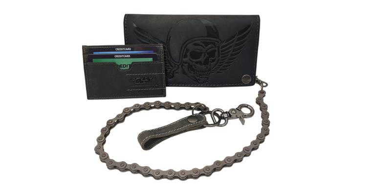 Echt Büffel-Vollleder Querformat Bikerbörse/Geldbörse Geldbeutel Mit Metallkette Totenkopf-Motiv Und Rfid & Nfc Schutz in Braun von Myledershop