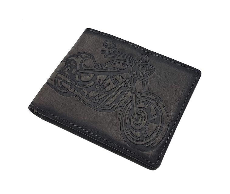 Echt Büffel-Vollleder Querformat Geldbörse/Geldbeutel Portemonnaie Mit Motorrad-Motiv Und Rfid & Nfc Schutz in Vintage-Grau von Myledershop