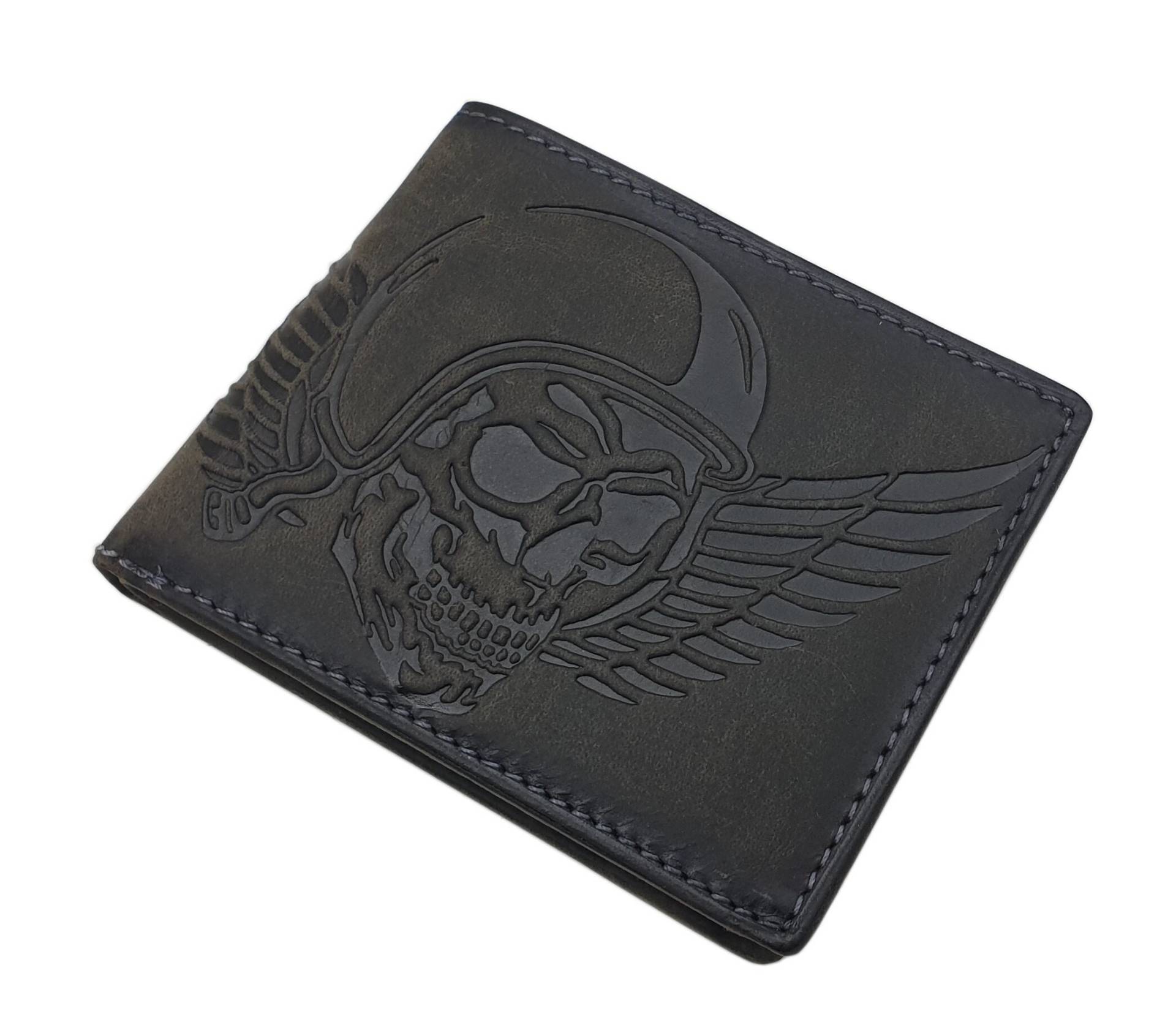 Echt Büffel-Vollleder Querformat Geldbörse/Geldbeutel Portemonnaie Mit Totenkopf-Motiv Und Rfid & Nfc Schutz in Vintage-Grau Echt Büffel-Vollleder Querformat Geldbörse/Geldbeutel Portemonnaie Mit Totenkopf-Motiv Und Rfid & Nfc Schutz in Vintage-Grau von Myledershop