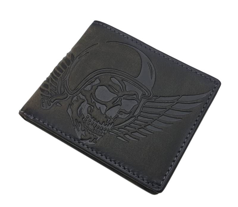 Echt Büffel-Vollleder Querformat Geldbörse/Geldbeutel Portemonnaie Mit Totenkopf-Motiv Und Rfid & Nfc Schutz in Vintage-Grau von Myledershop