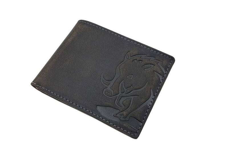 Echt Büffel-Vollleder Querformat Geldbörse/Geldbeutel Portemonnaie Mit Wildschwein-Motiv Und Rfid & Nfc Schutz in Vintage-Grau von Myledershop
