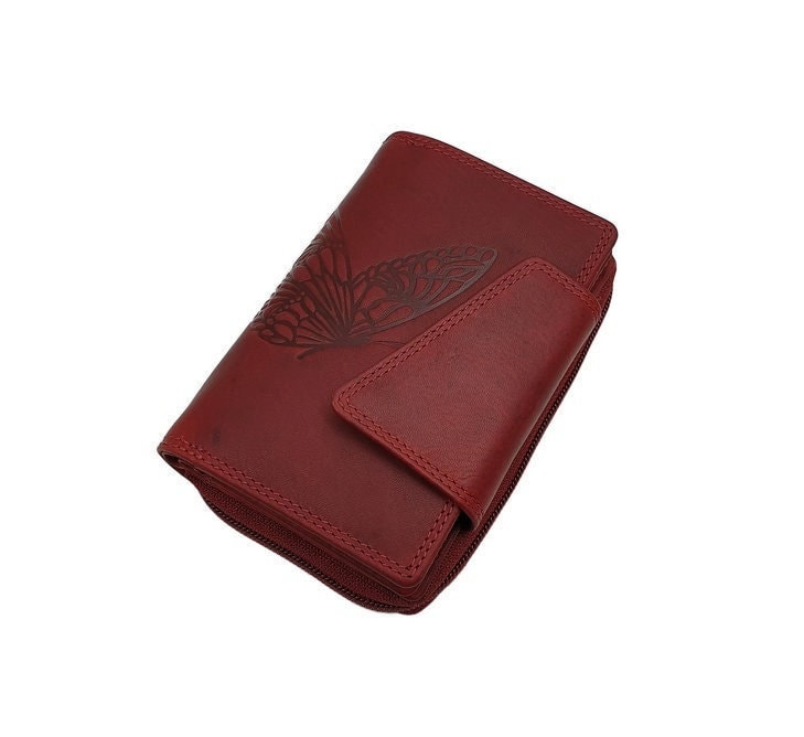 Echt Rindleder Damen Geldbörse/Geldbeutel Portemonnaie Geldtasche Portmonee Mit Schmetterling Motiv Und Rfid & Nfc Schutz Kirschrot von Myledershop