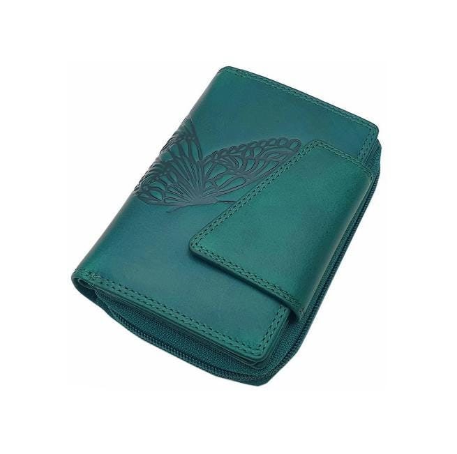 Echt Rindleder Damen Geldbörse/Geldbeutel Portemonnaie Geldtasche Portmonee Mit Schmetterling Motiv Und Rfid & Nfc Schutz Petrol von Myledershop
