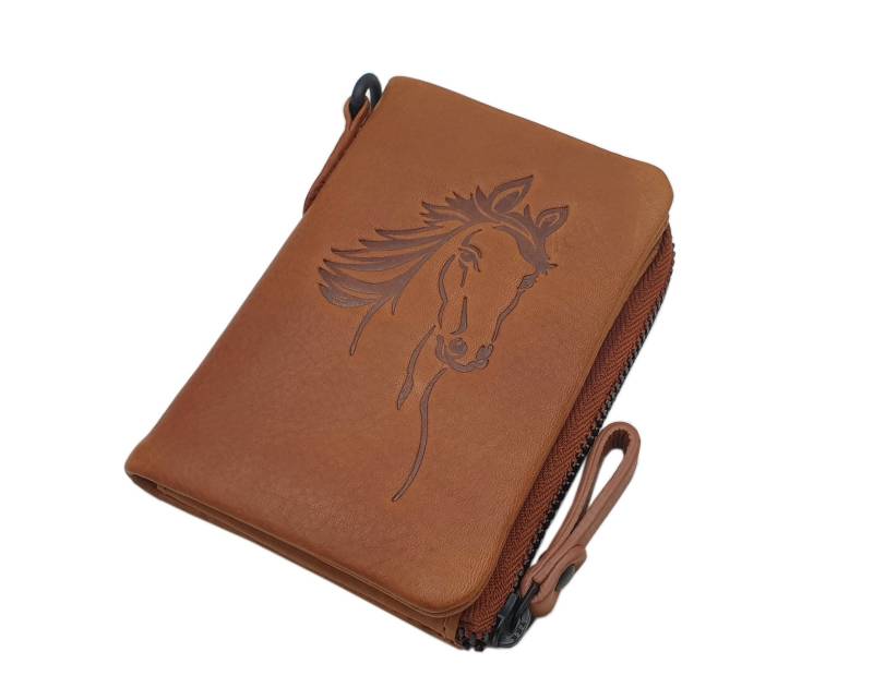 Echt Rindleder Geldbörse/Geldbeutel Portemonnaie Geldtasche Portmonee Mit Pferd-Motiv Und Rfid & Nfc Schutz in Cognac von Myledershop
