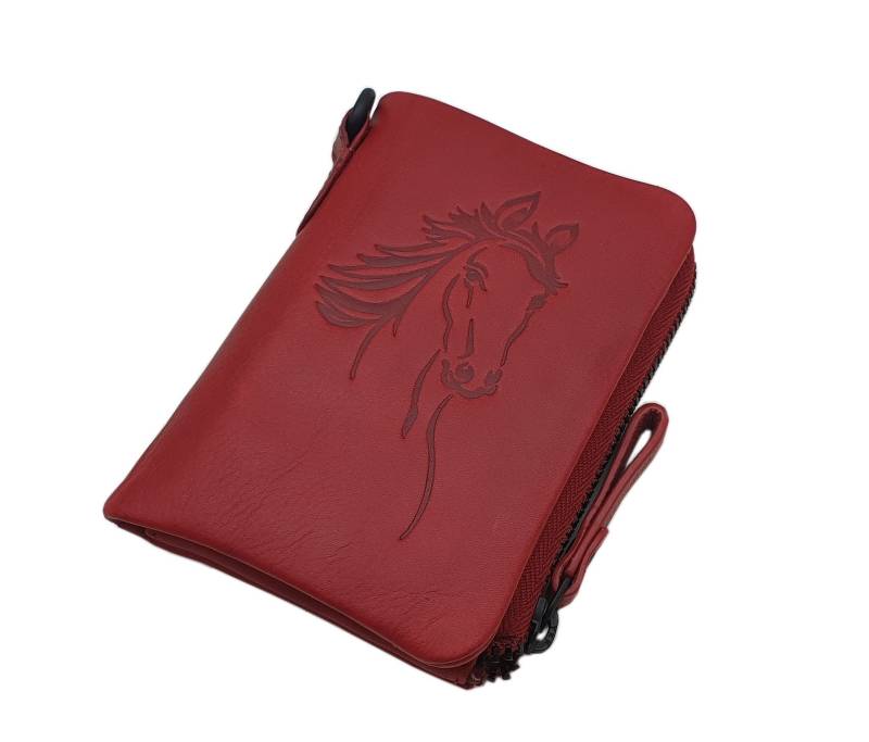 Echt Rindleder Geldbörse/Geldbeutel Portemonnaie Geldtasche Portmonee Mit Pferd-Motiv Und Rfid & Nfc Schutz in Kirschrot von Myledershop