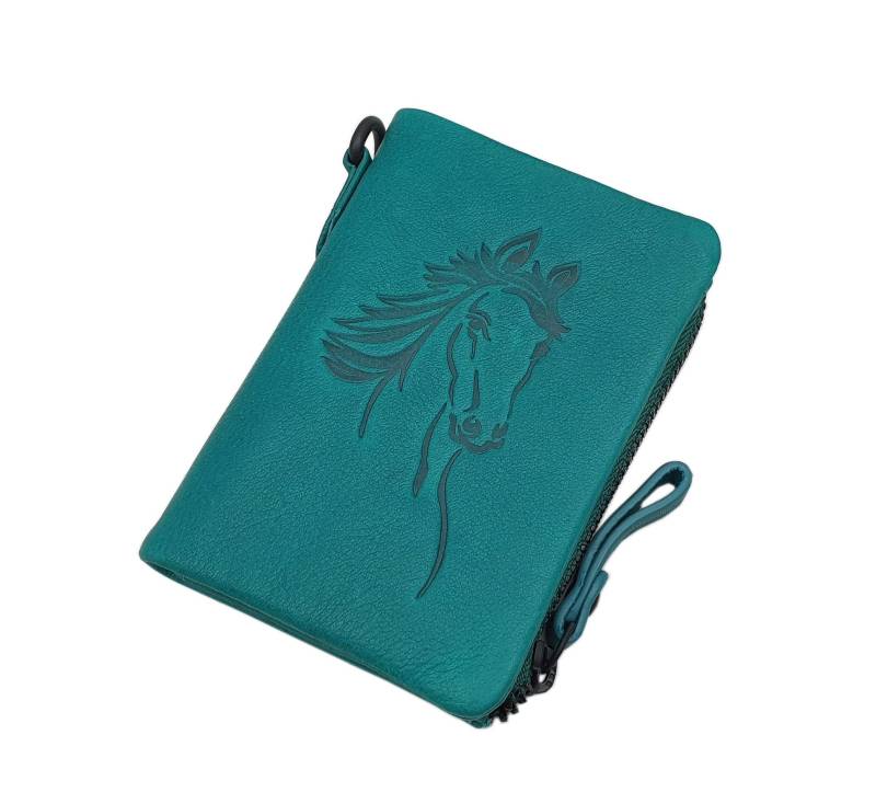 Echt Rindleder Geldbörse/Geldbeutel Portemonnaie Geldtasche Portmonee Mit Pferd-Motiv Und Rfid & Nfc Schutz in Petrol von Myledershop