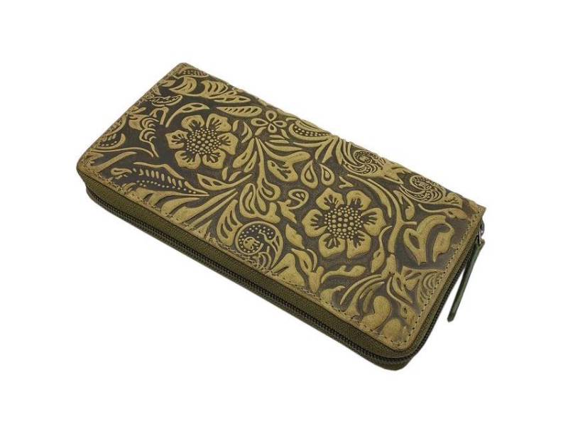 Große Büffel-Vollleder Damen Geldbörse/Geldbeutel Portemonnaie Geldtasche Mit Lianen Prägung Und Rfid & Nfc Schutz in Lemongrün von Myledershop