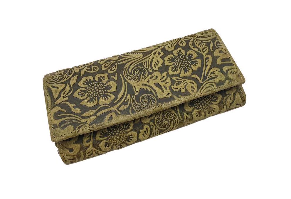 Große Büffel-Vollleder Damen Geldbörse/Geldbeutel Portemonnaie Geldtasche Mit Lianen Prägung Und Rfid & Nfc Schutz in Lemongrün von Myledershop