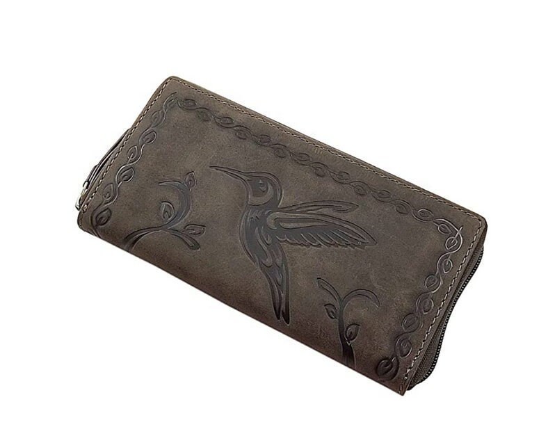 Große Büffel-Vollleder Damen Geldbörse/Geldbeutel Portemonnaie Geldtasche Portmonee Mit Colibri Motiv Und Rfid & Nfc Schutz in Braun von Myledershop