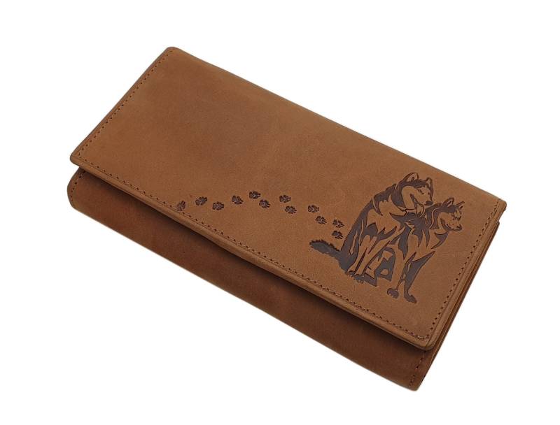 Große Büffel-Vollleder Damen Geldbörse/Geldbeutel Portemonnaie Geldtasche Portmonee Mit Huskies-Motiv Und Rfid & Nfc Schutz Cognac von Myledershop