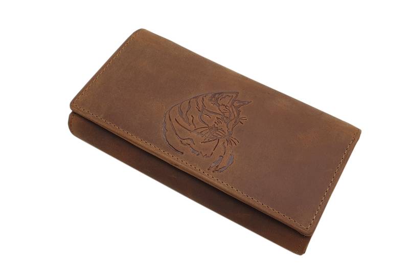 Große Büffel-Vollleder Damen Geldbörse/Geldbeutel Portemonnaie Geldtasche Portmonee Mit Katzen-Motiv Und Rfid & Nfc Schutz in Cognac von Myledershop