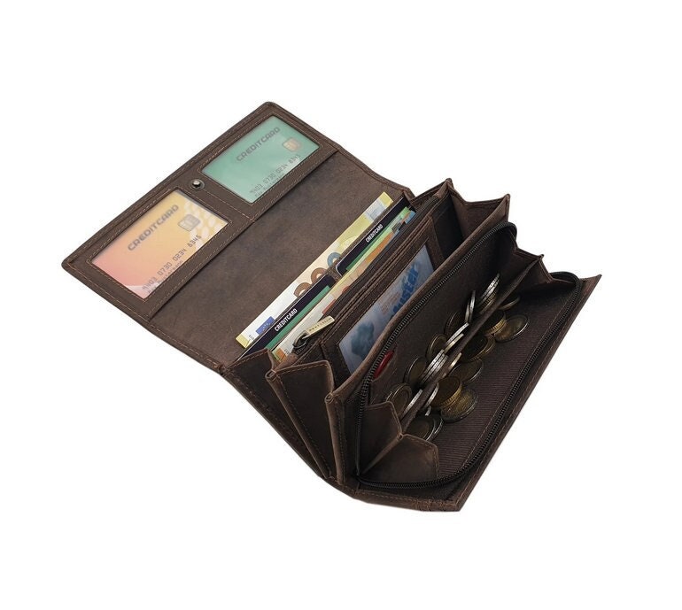 Große Büffel-Vollleder Damen Geldbörse/Geldbeutel Portemonnaie Geldtasche Portmonee Mit Rfid & Nfc Schutz in Braun von Myledershop