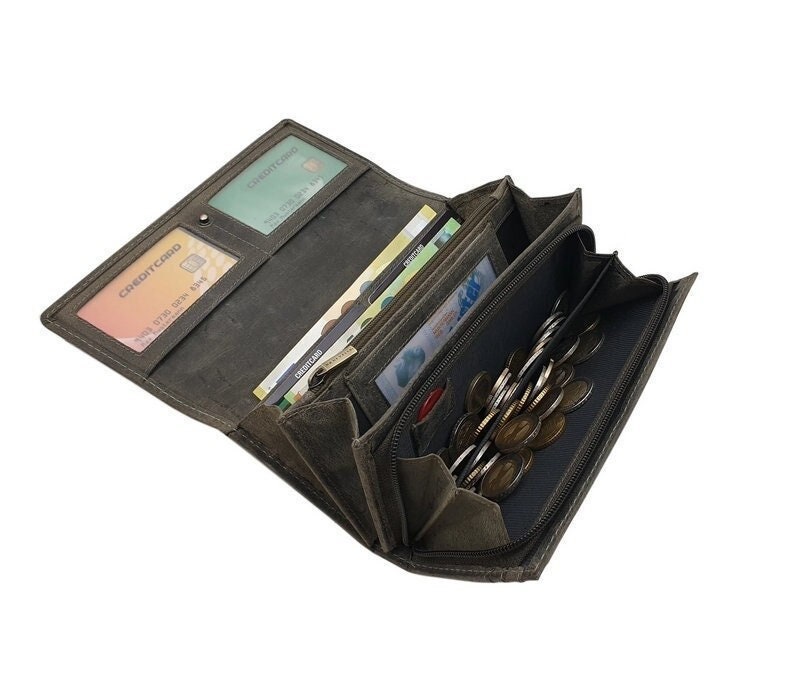 Große Büffel-Vollleder Damen Geldbörse/Geldbeutel Portemonnaie Geldtasche Portmonee Mit Rfid & Nfc Schutz in Vintage-Grau von Myledershop