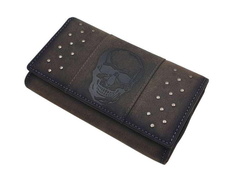 Große Büffel-Vollleder Damen Geldbörse/Geldbeutel Portemonnaie Geldtasche Portmonee Mit Totenkopf-Motiv Und Rfid & Nfc Schutz Grau von Myledershop